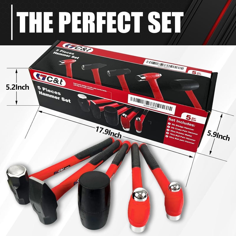 ct 5-Piece Hammer Set, 16oz Ball Peen Hammer | 32oz Ball Peen Hammer | 32oz Rubber Mallet | 3lb Sledge Hammer | 3lb Cross Peen, Fiberglass Handle & Mallet Set - Image 3